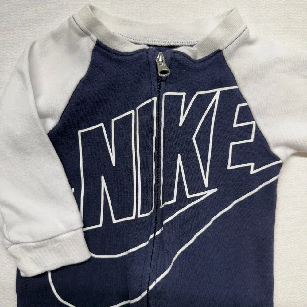 Nike Baby Footed Sleeper 6M Navy White Logo Zip Cotton One‎ Piece Pajamas
